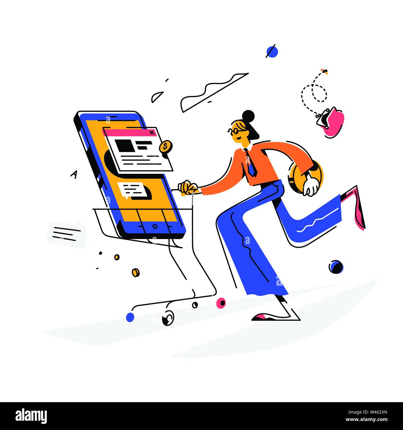 Girl makes a purchase, illustration. Vector. The buyer on the phone carries a new phone. Purchaser of goods. Online order. Delivery of goods. Chat, ch Stock Vector