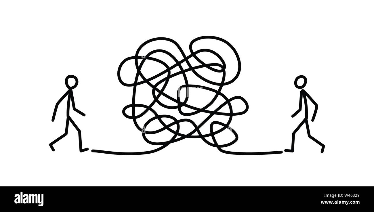 Illustration of a man walking through a maze to a person for a meeting. Vector. Labyrinth is like a brain. Metaphor. The meeting of two people, the re Stock Vector