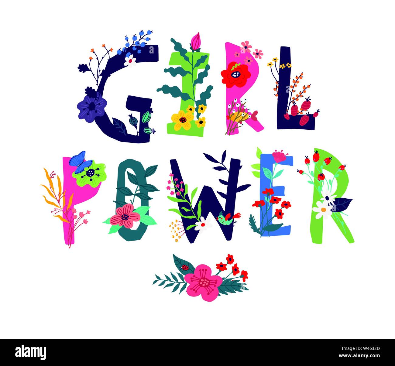 Inscription Girl Power, surrounded by flowers. Vector. Illustration in ...