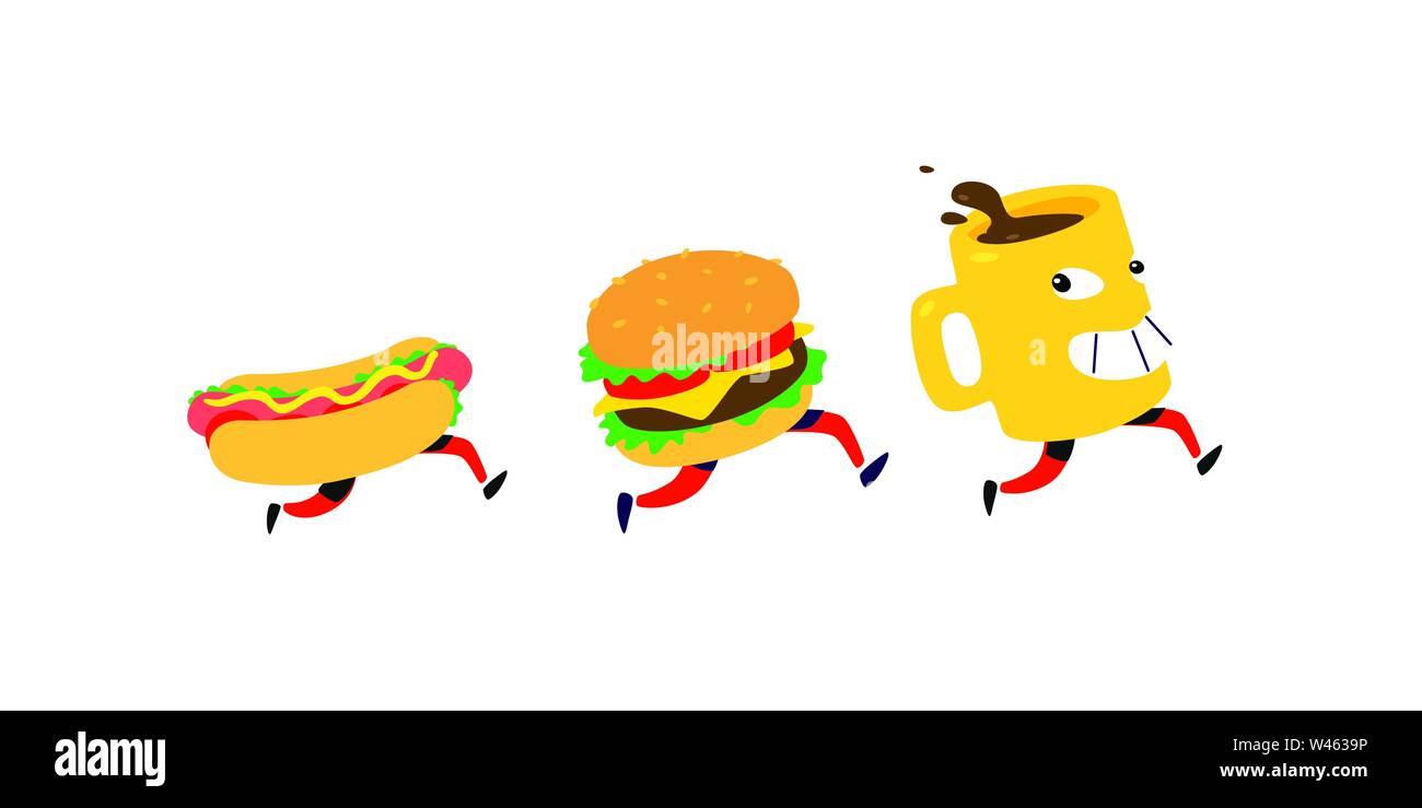 Characters hamburger, hot dog, coffee mug. Vector. Logos for fast food. Funny illustration for food delivery. Cartoon badges, emblems for restaurant a Stock Vector