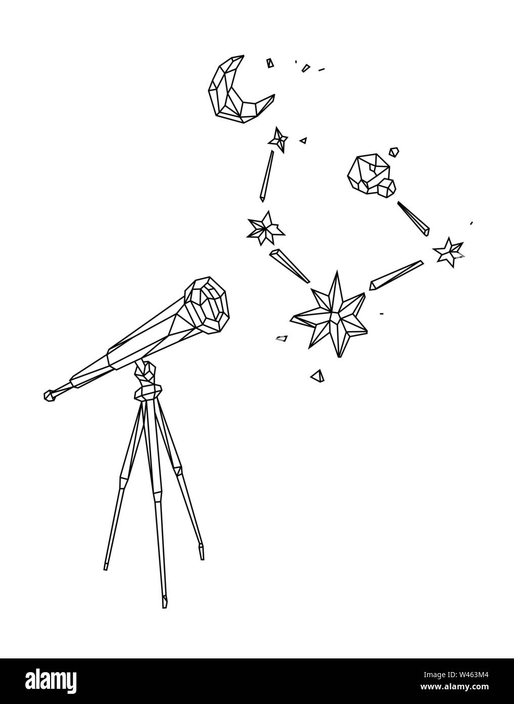 Low poly illustration of a telescope against a starry sky and the moon. Vector. Outline drawing. Retro style. Background, symbol, emblem for the inter Stock Vector