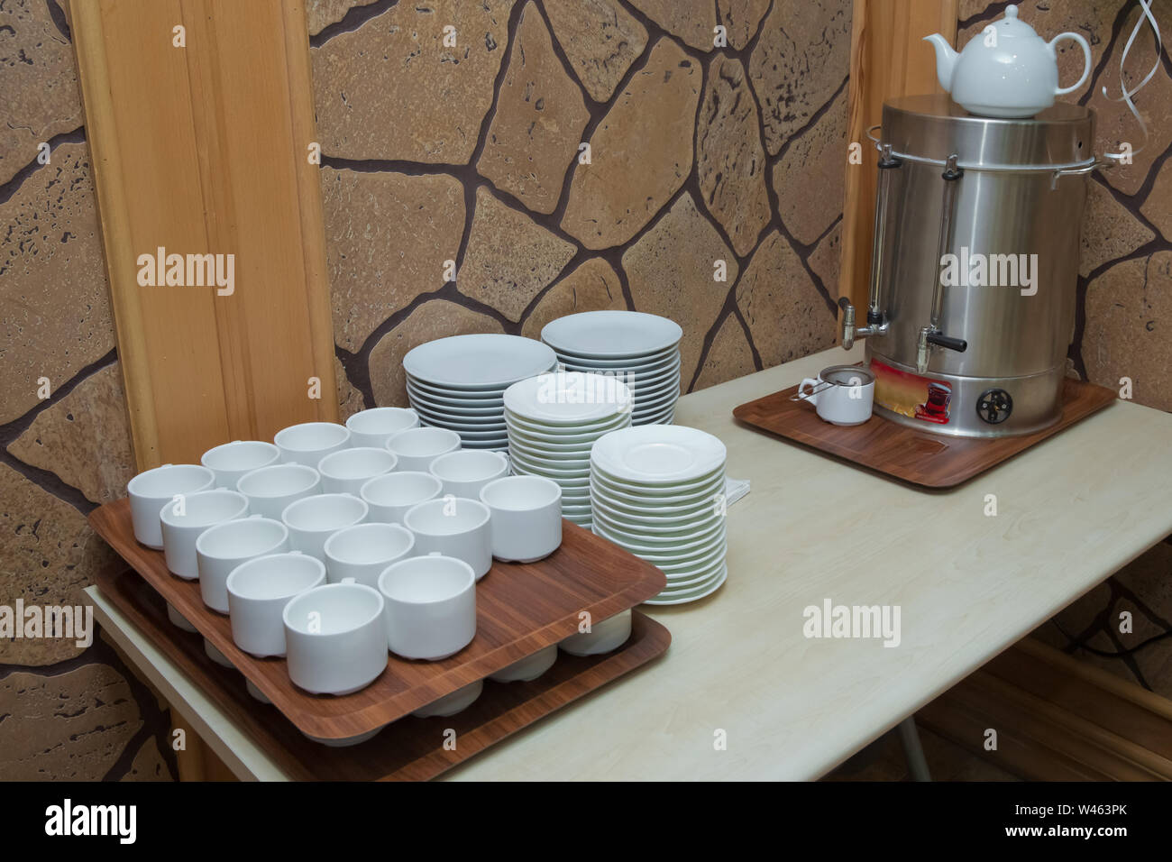 Cups for coffee and tea at the Banquet. The selfserve station. Coffee