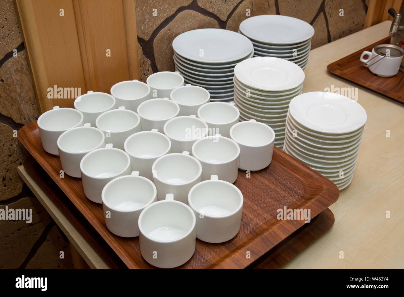 top view of cup and plate . Cups for coffee and tea at the Banquet. The