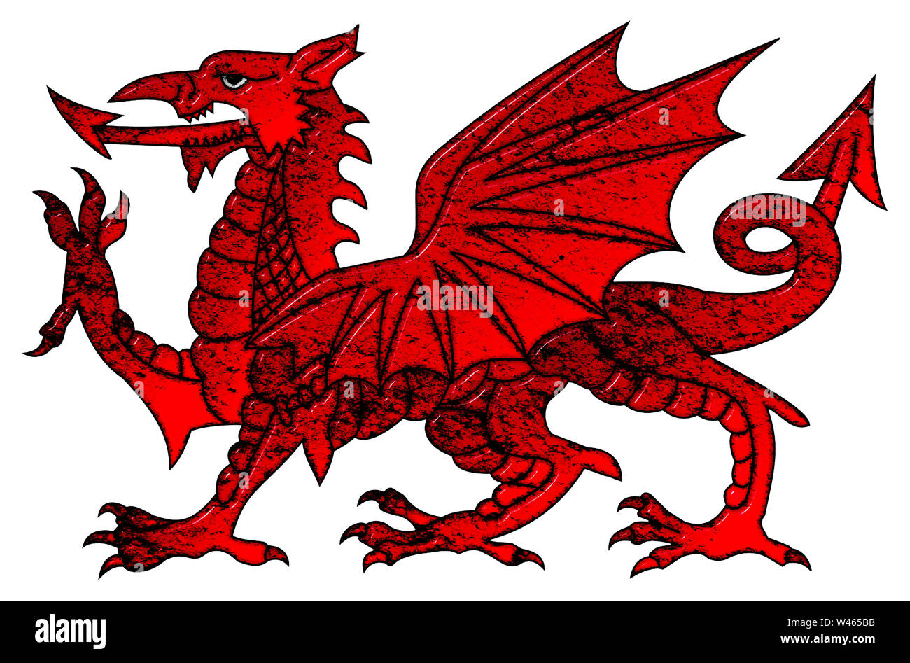 Welsh dragon 3D illustration with a grungy bevel effect on an isolated white background Stock Photo
