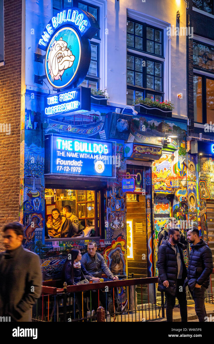 Amsterdam, Netherlands, Old Town, The Bulldog, allegedly the city's first coffee shop, canabis trade, sale, Stock Photo