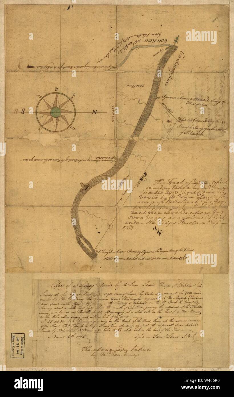 Copy of a survey return'd by Mr. Sam Lewis, surveyor of Botetourt Coun(t)y. Surveyed for George Washington 2950 acres of land (by virtue of a warrant for 5,000 acres granted by His Excellency the Stock Photo