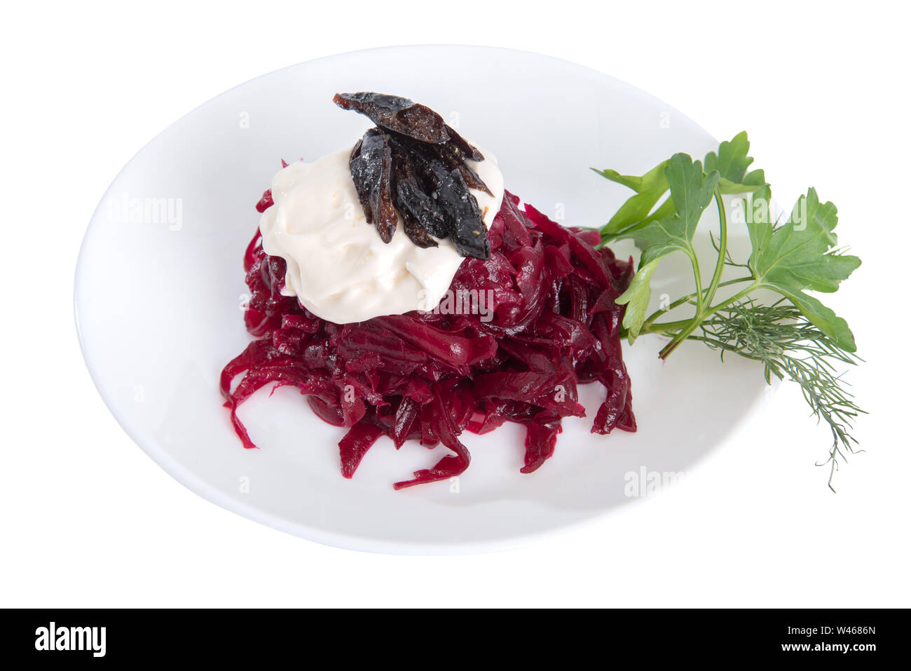 Beetroot Salad with Sour Cream and prunes isolated Stock Photo