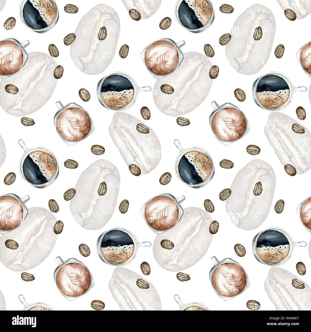 Hand-drawn watercolor coffee cup seamless background isolated on white