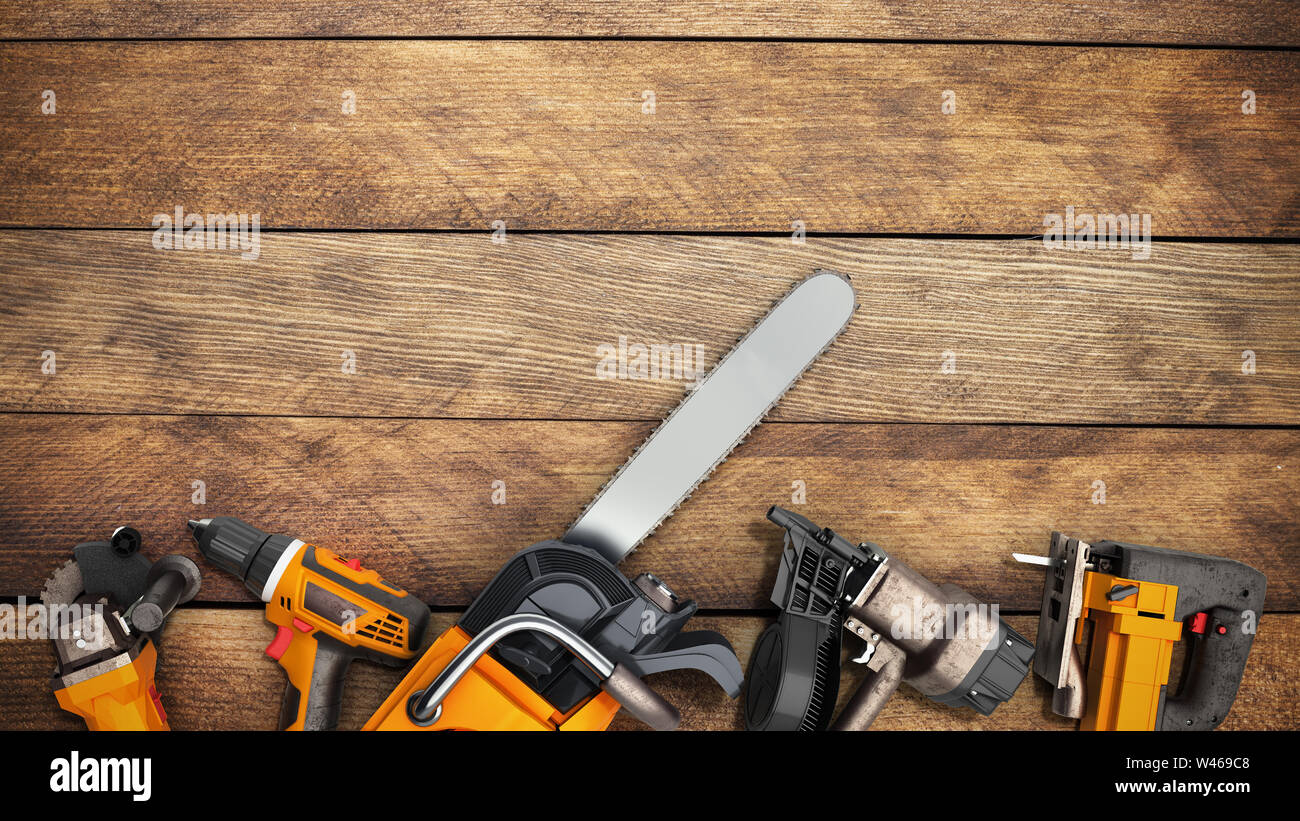 construction background with tools 3d render on wood flor Stock Photo ...