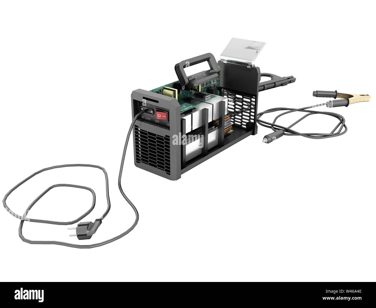 Modern inverter welding machine black disassembled 3d render on white ...