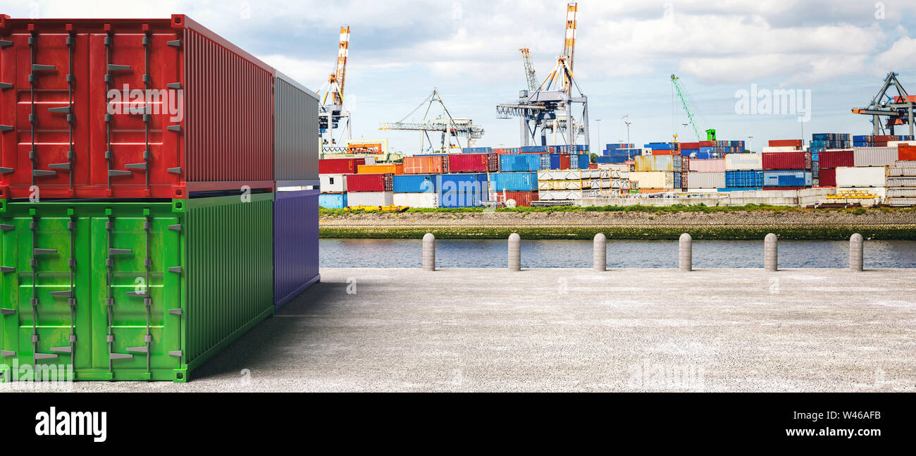 Commercial harbor background, cargo containers, import export, logistics  transportation concept, banner. 3d illustration Stock Photo - Alamy