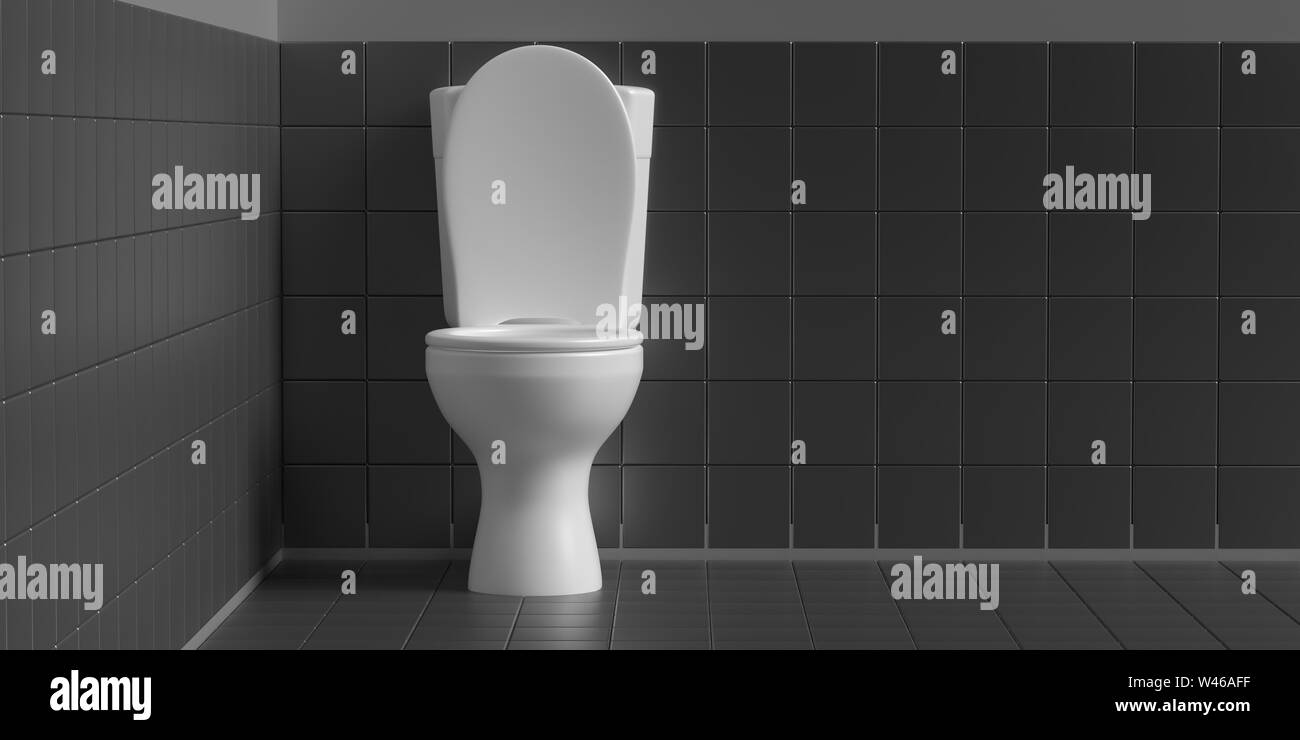 WC toilet bowl white color on black tiles floor and wall background, copy space. 3d illustration Stock Photo