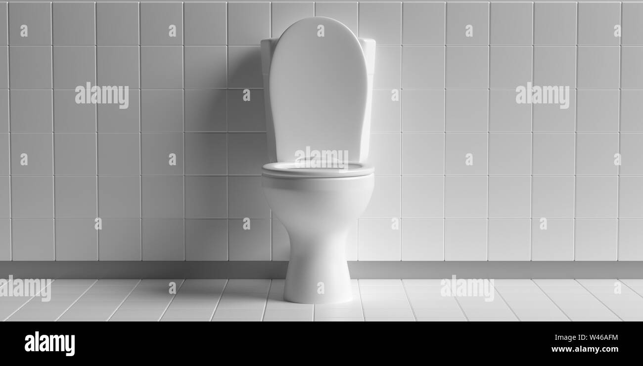 WC toilet bowl white color on white tiles floor and wall background, copy space. 3d illustration Stock Photo