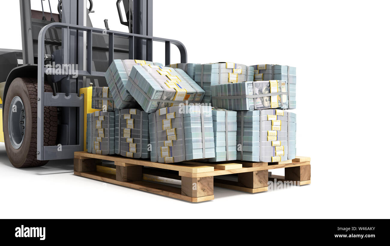 Stack of dollar money bills on wooden pallet with a forklift loader 3d ...