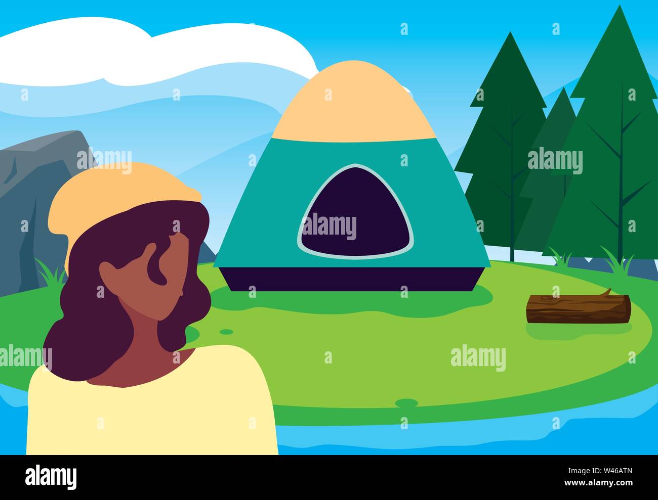 woman camp tent river forest landscape vector illustration Stock Vector ...