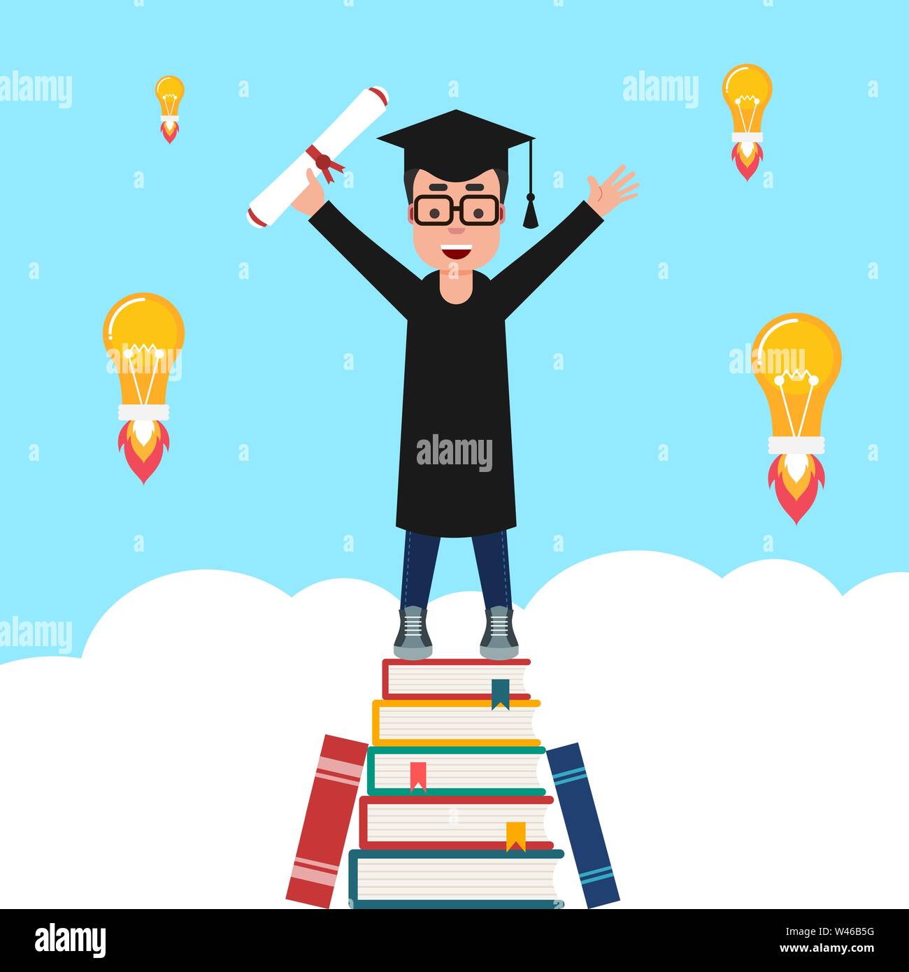 Boy standing on a mountain of books getting ideas. Cheerful student in graduation gown and cap celebrates graduation with a diploma in hand. Vector Stock Vector