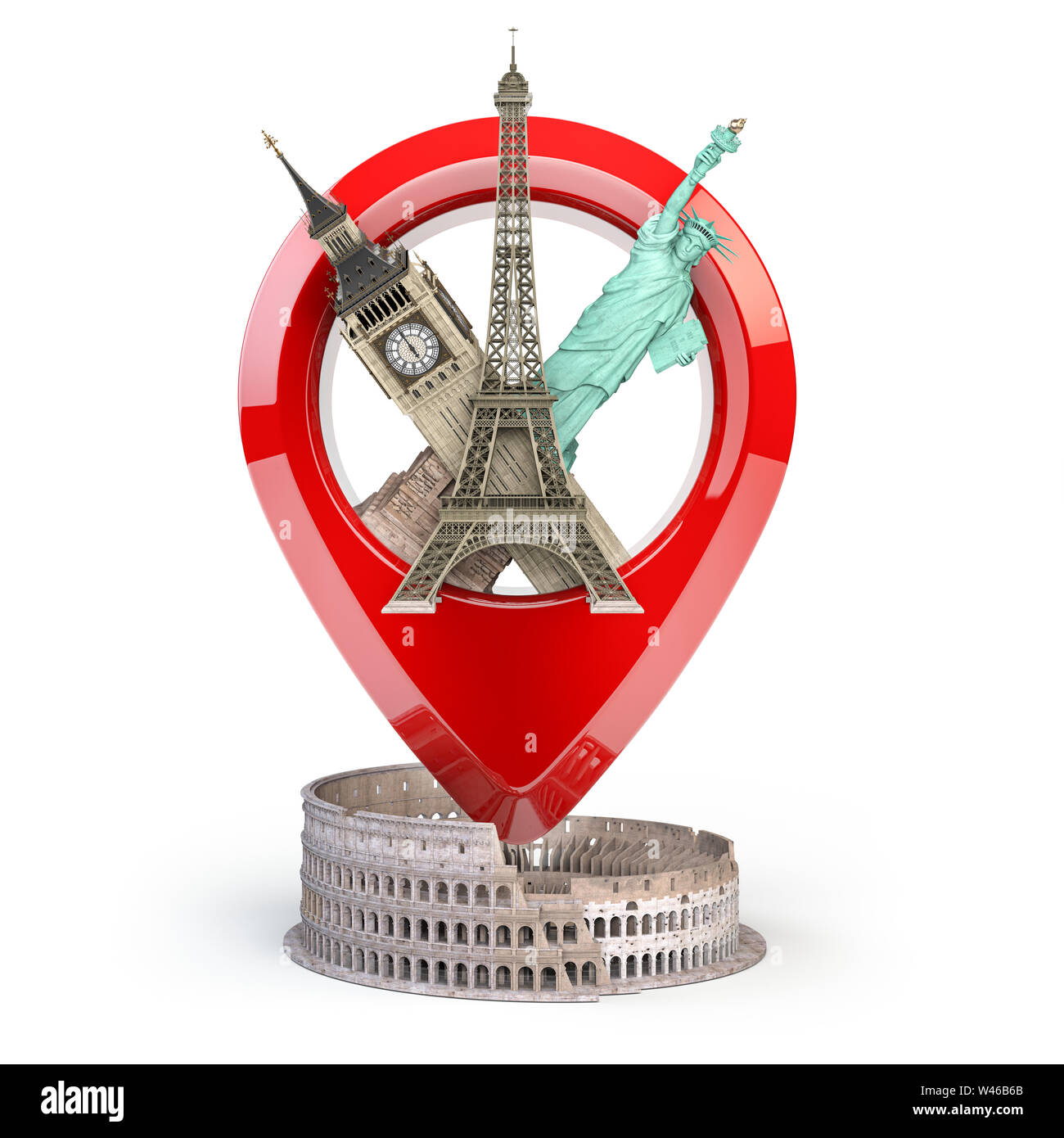 Travel and tourism concept. Pin pointer with famous tourist attractions isolated on white. Eiffel tower, big ben, statue of liberty and coliseum. Geo Stock Photo