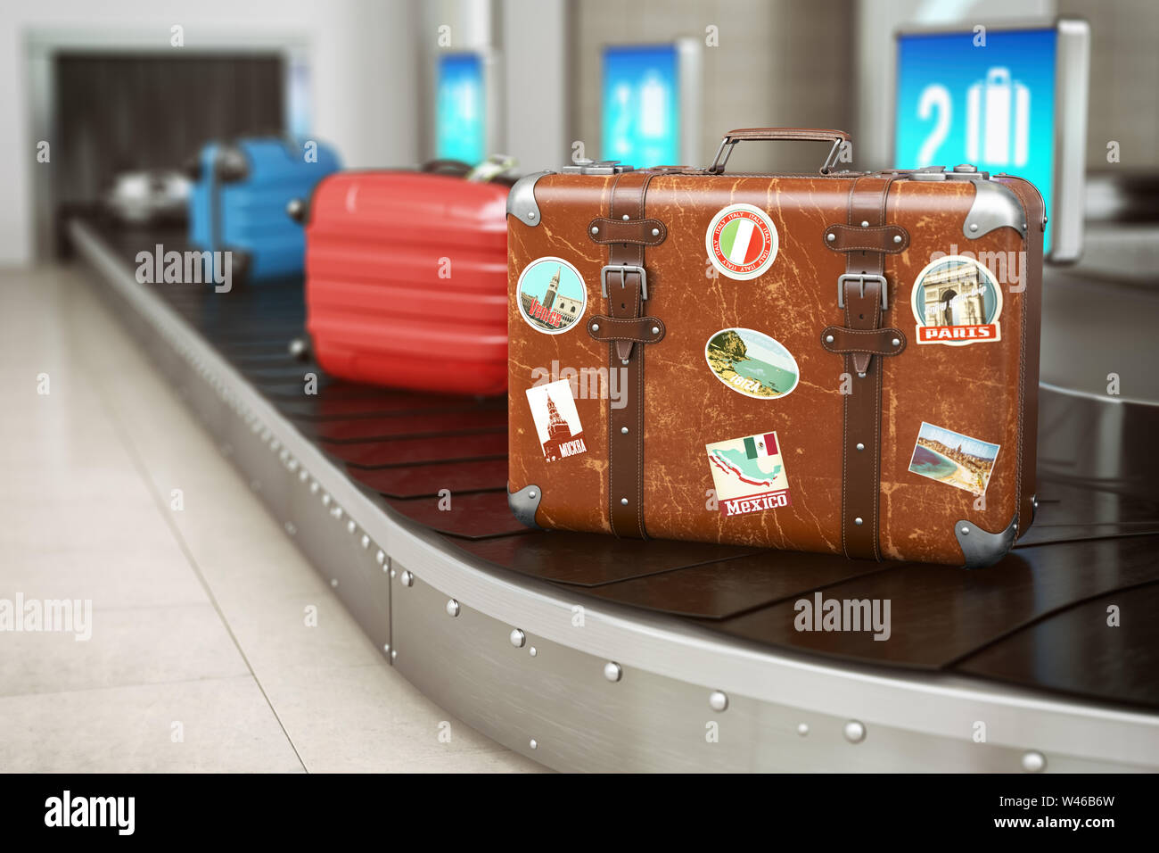Old Vintage Suitcase On A Airport Luggage Conveyor Belt Baggage Claim Travel And Tourism Concept Background 3d Illustration Stock Photo Alamy