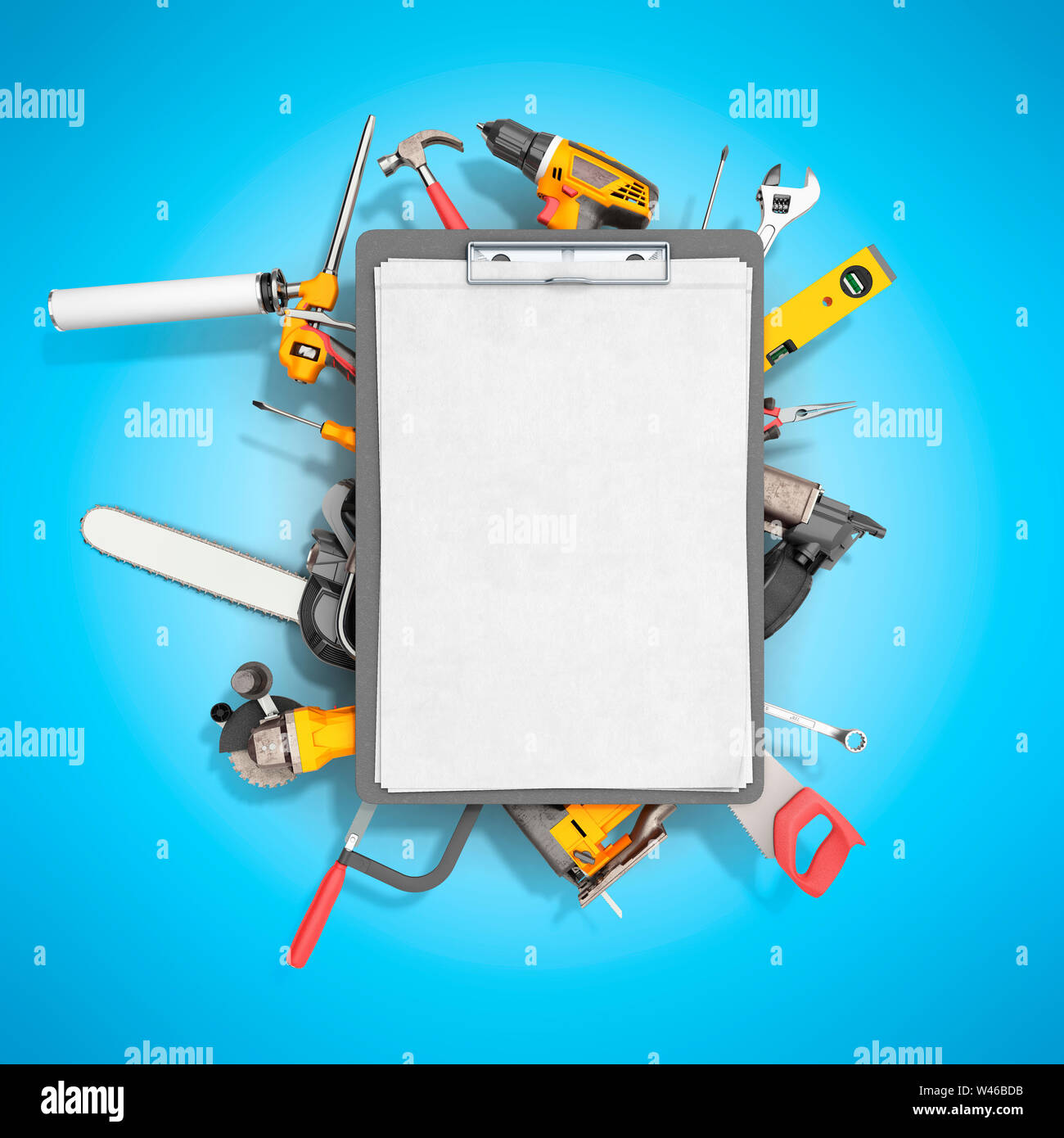 construction background with notebook and tools 3d render on blue Stock ...