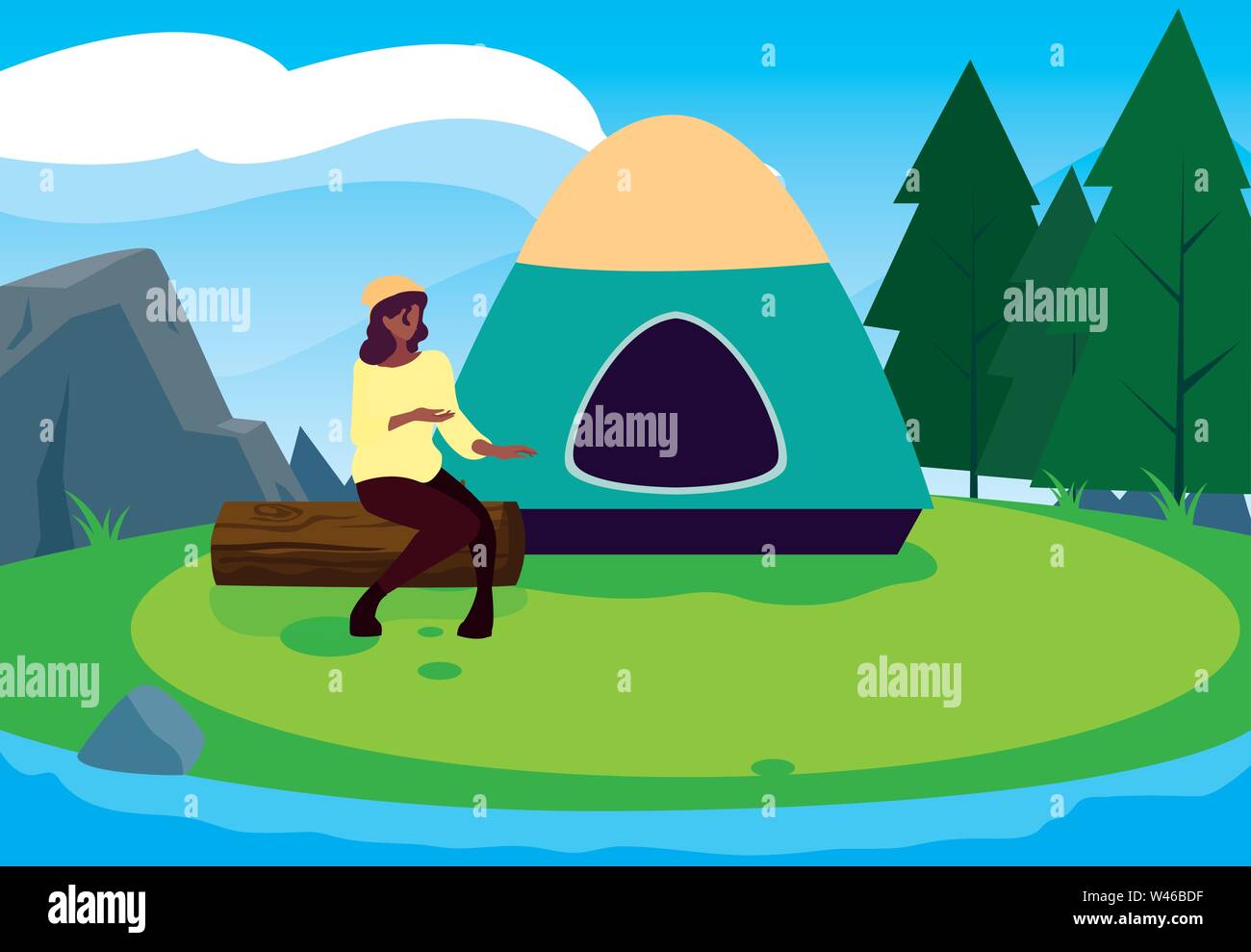 woman with tent camping hiking vector illustration Stock Vector Image ...