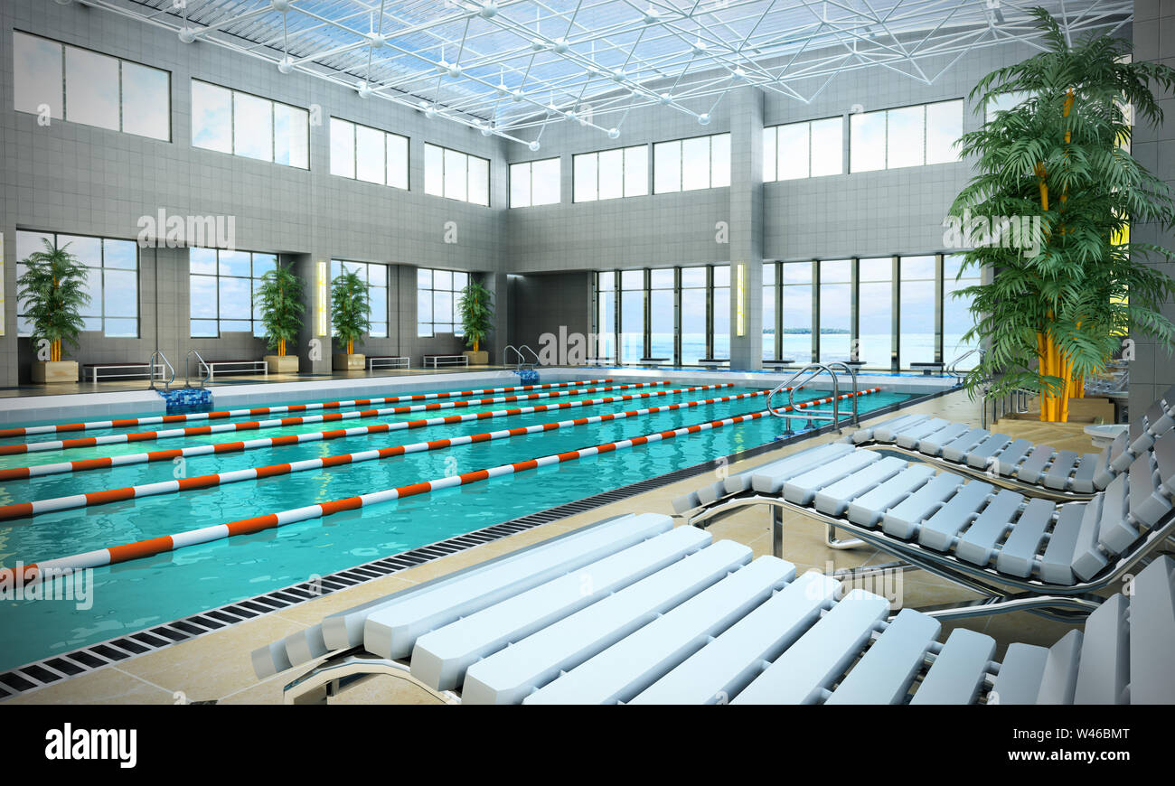 swimming pool interior 3d render image Stock Photo - Alamy