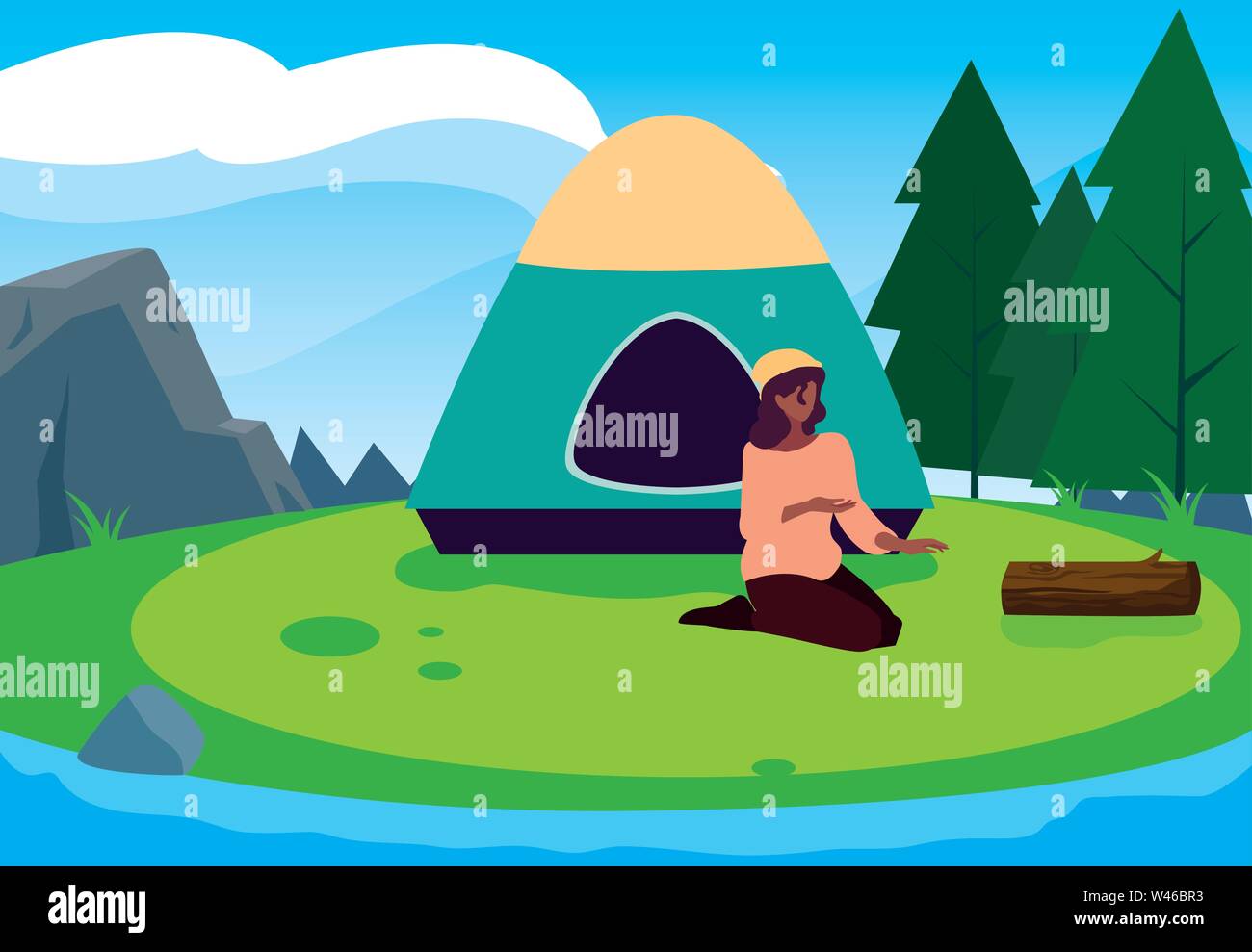 woman with tent camping hiking vector illustration Stock Vector Image ...