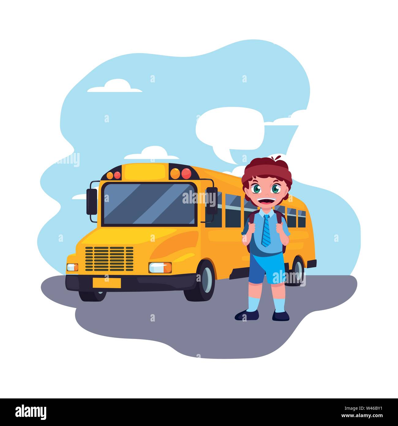 student boy and bus transport back to school vector illustration Stock