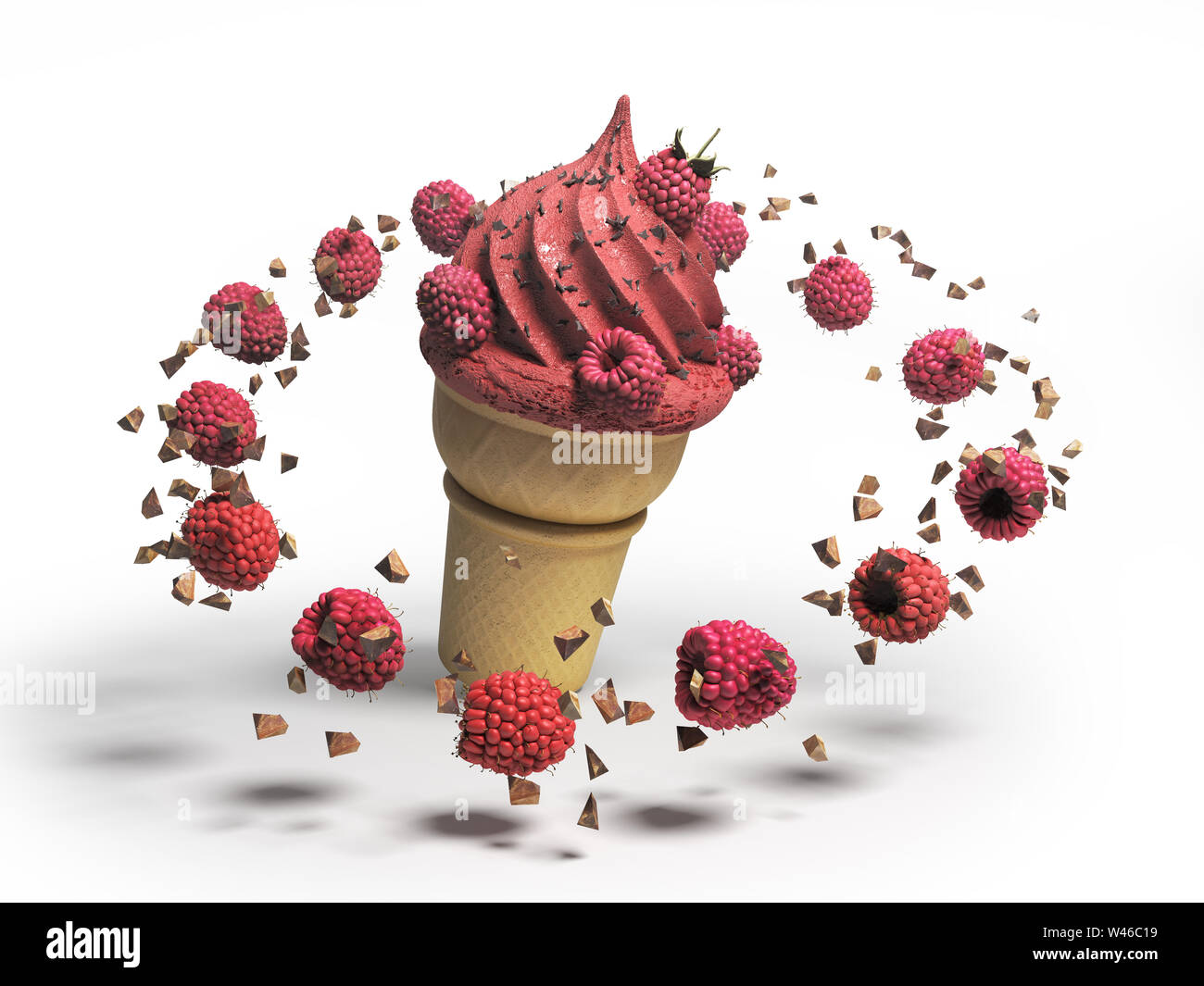 ice cream with raspberries and chocolate crumbs in a waffle cup 3d render on white Stock Photo