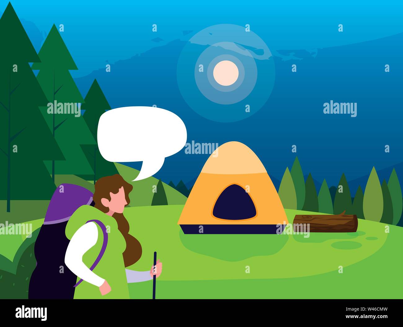 woman camping tent forest trees field vector illustration Stock Vector ...