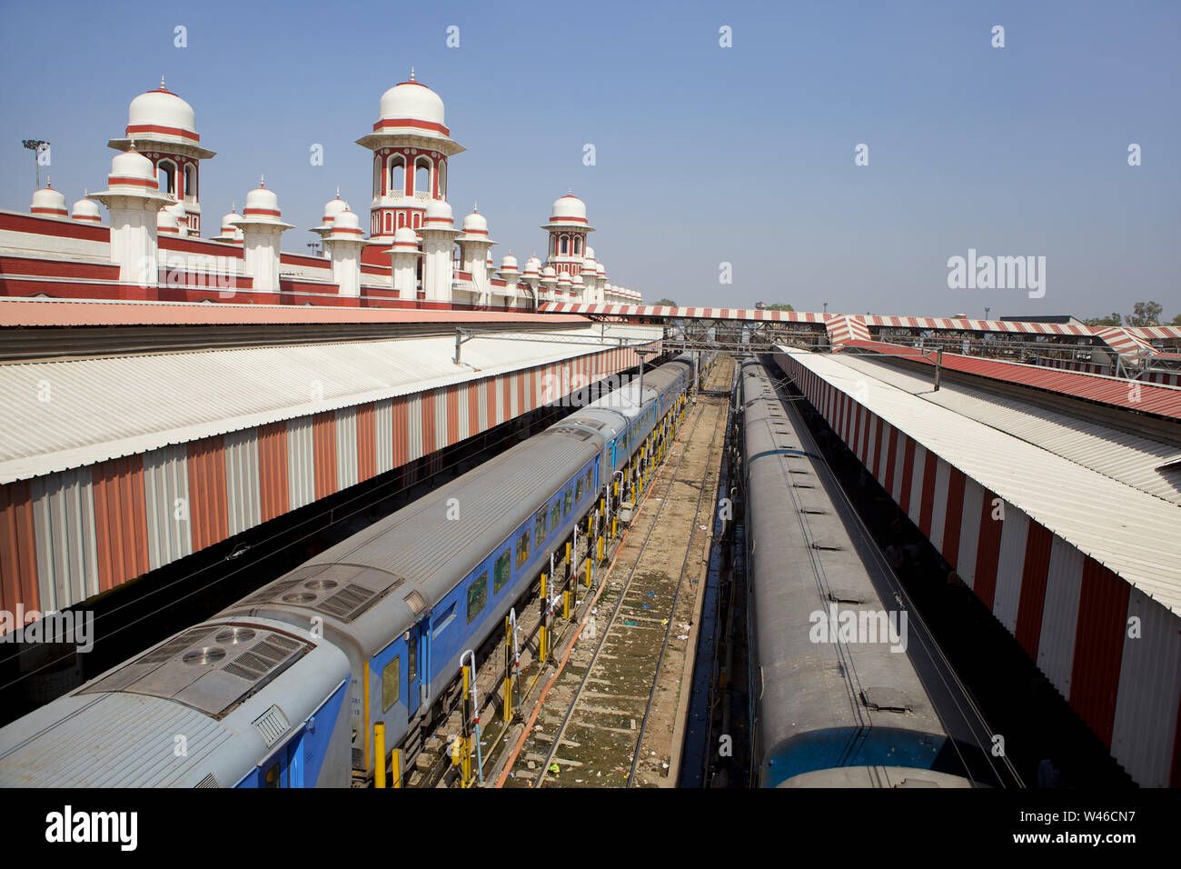 High angle view of a trains at platform, Lucknow, Uttar Pradesh, India ...