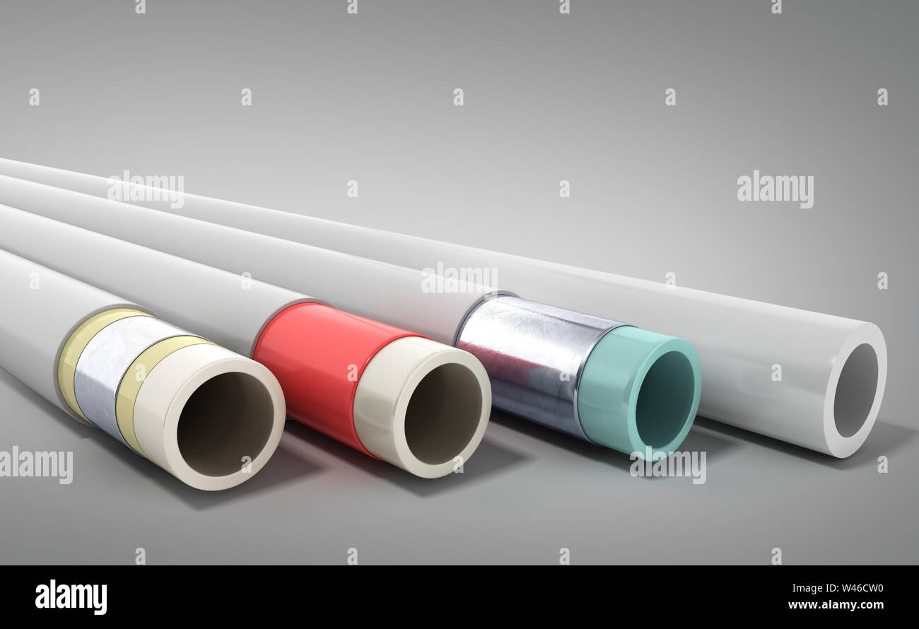 different plastic water pipes in layers 3d render on grey Stock Photo