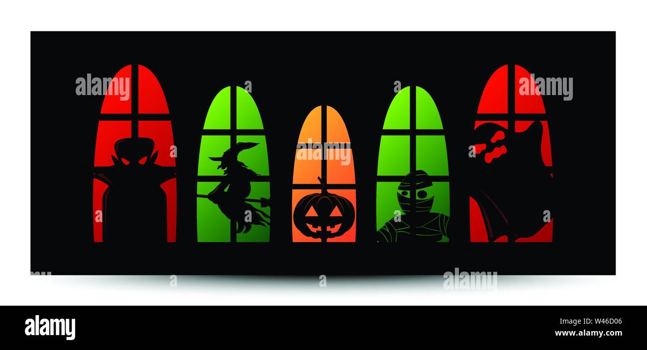 happy halloween window silhouette banner, vector illustrator Stock