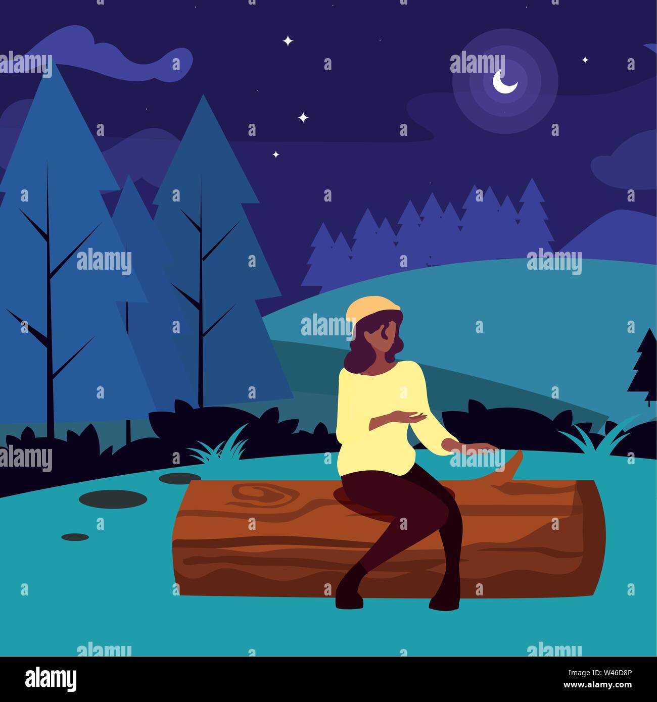 woman sitting trunk field hiking forest vector illustration Stock ...