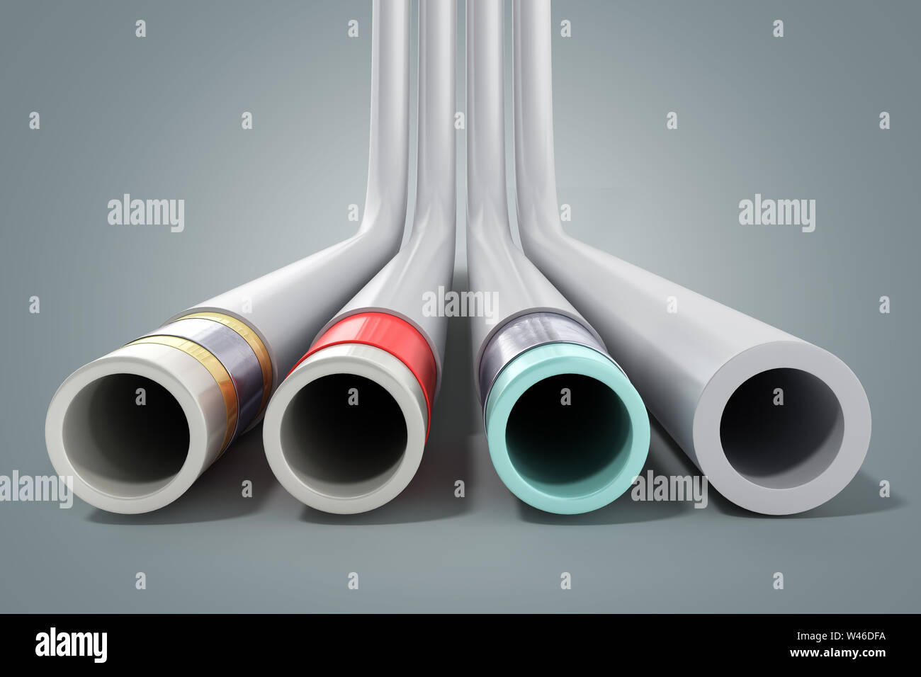 different plastic water pipes in layers 3d render on grey Stock Photo