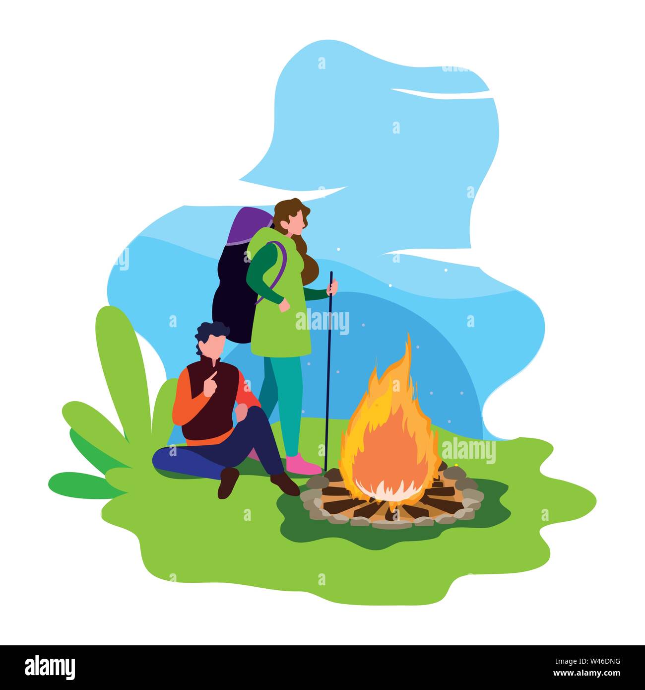 man and woman with bonfire camping hiking landscape vector illustration ...