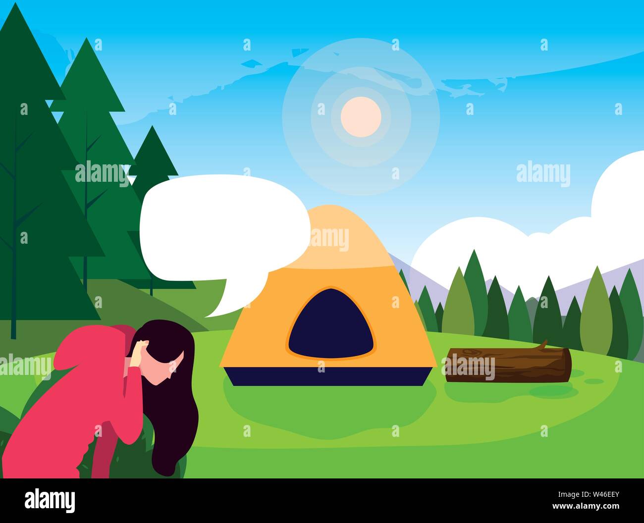 woman camping tent forest trees field vector illustration Stock Vector ...