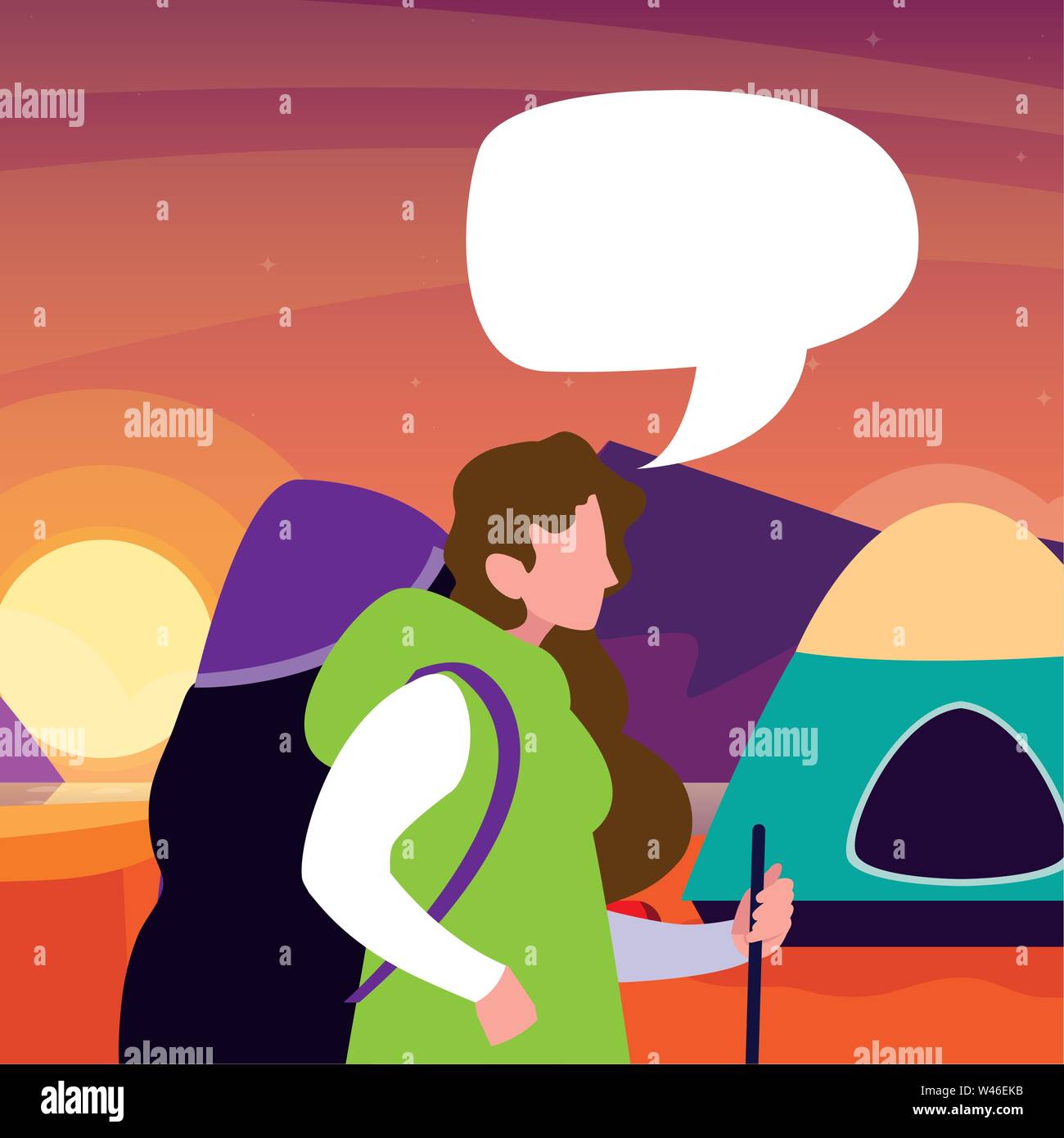 woman camp tent river landscape vector illustration Stock Vector Image ...