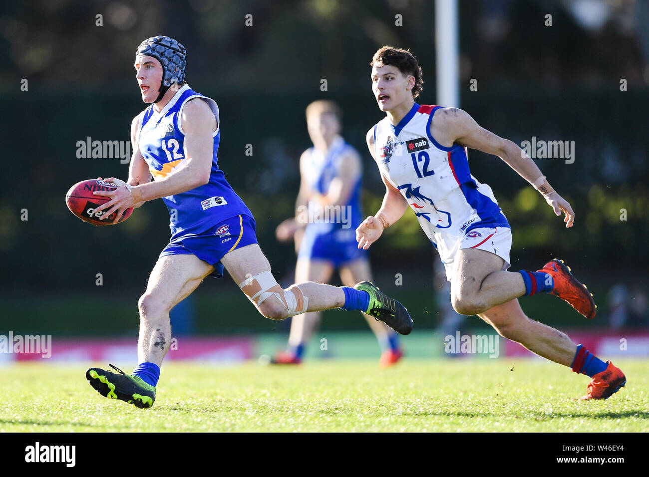 Box Hill City Oval, Melbourne, Australia. 20th July 2019. Australian Rules Football Under 18s Championships, Eastern Rangers versus Oakleigh Chargers; Jarrod Gilbee of the Eastern Ranges runs with the ball Credit: Action Plus Sports Images/Alamy Live News Stock Photo