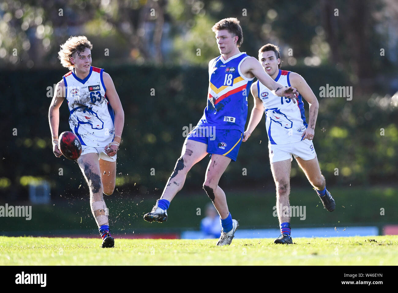 Box Hill City Oval, Melbourne, Australia. 20th July 2019. Australian Rules Football Under 18s Championships, Eastern Rangers versus Oakleigh Chargers; Billy McCormack of the Eastern Ranges kicks the ball Credit: Action Plus Sports Images/Alamy Live News Stock Photo