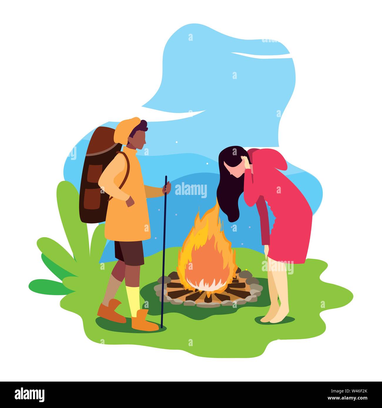 man and woman with bonfire camping hiking landscape vector illustration ...