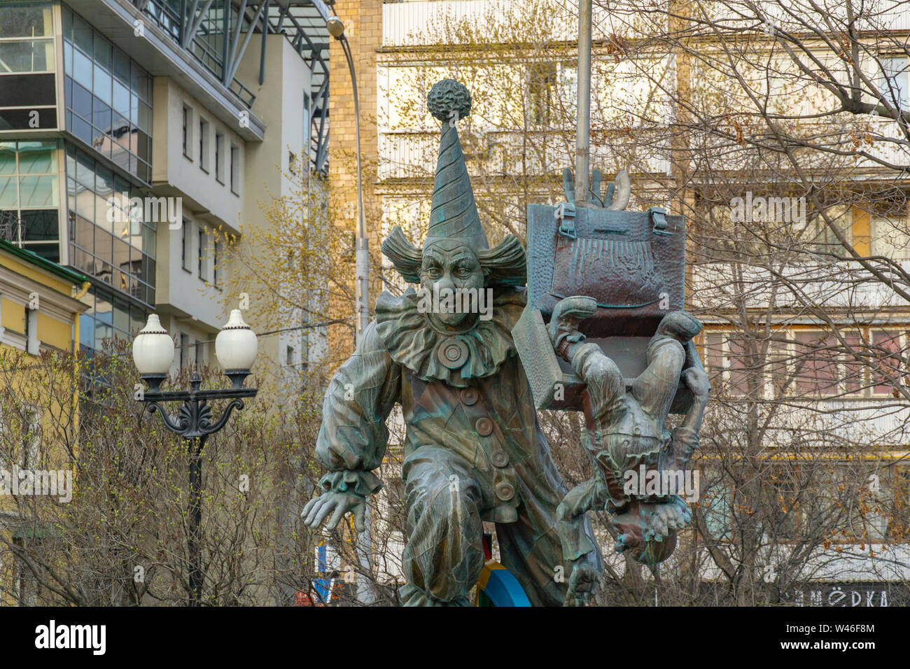 Moscow, Russia - April 29, 2019: A bronze statue of clown at Clowns Square on Tsvetnoy Boulevard in Moscow Stock Photo
