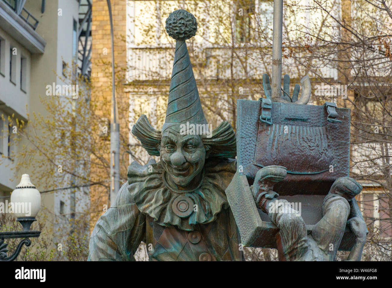 Moscow, Russia - April 29, 2019: A bronze statue of clown at Clowns Square on Tsvetnoy Boulevard in Moscow Stock Photo