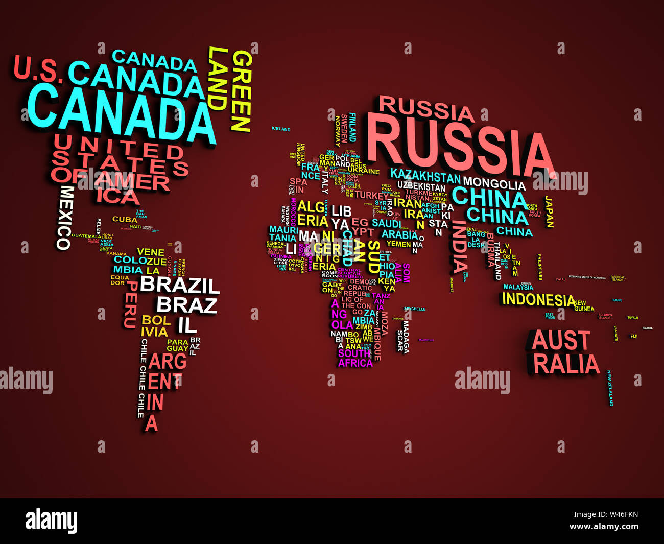 The world map with all states and their names 3d illustration on red Stock  Photo - Alamy