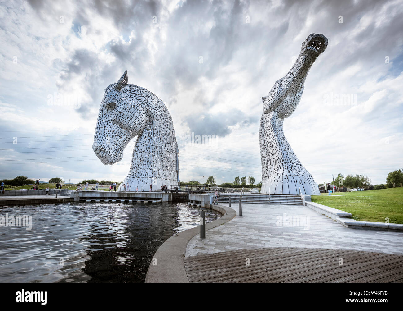 The Kelpies giant horse head sculptures of mythical  water spirits next to the Forth and Clyde Canal part of the Helix land transformation project Stock Photo