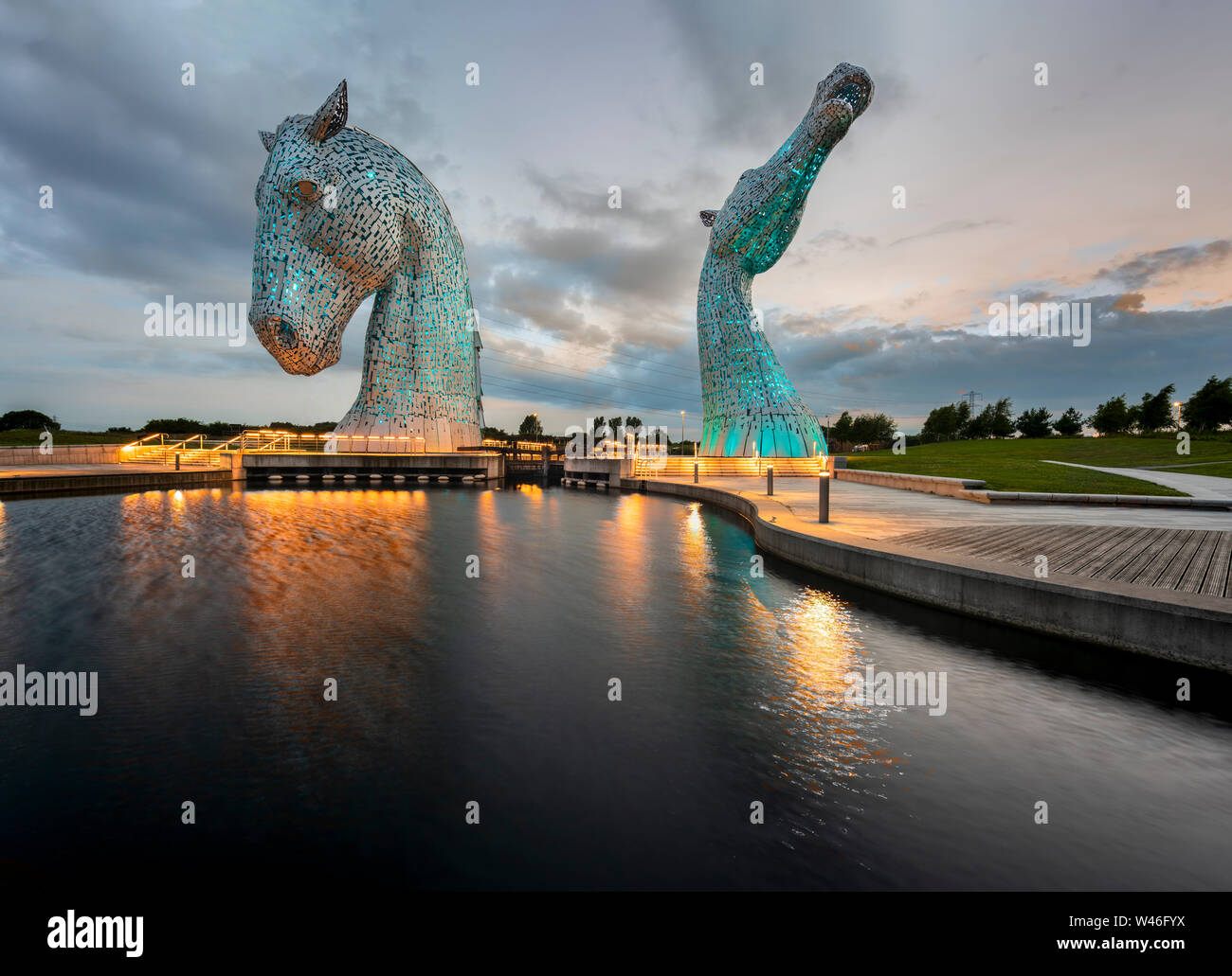 The Kelpies giant horse head sculptures of mythical  water spirits next to the Forth and Clyde Canal part of the Helix land transformation project Stock Photo