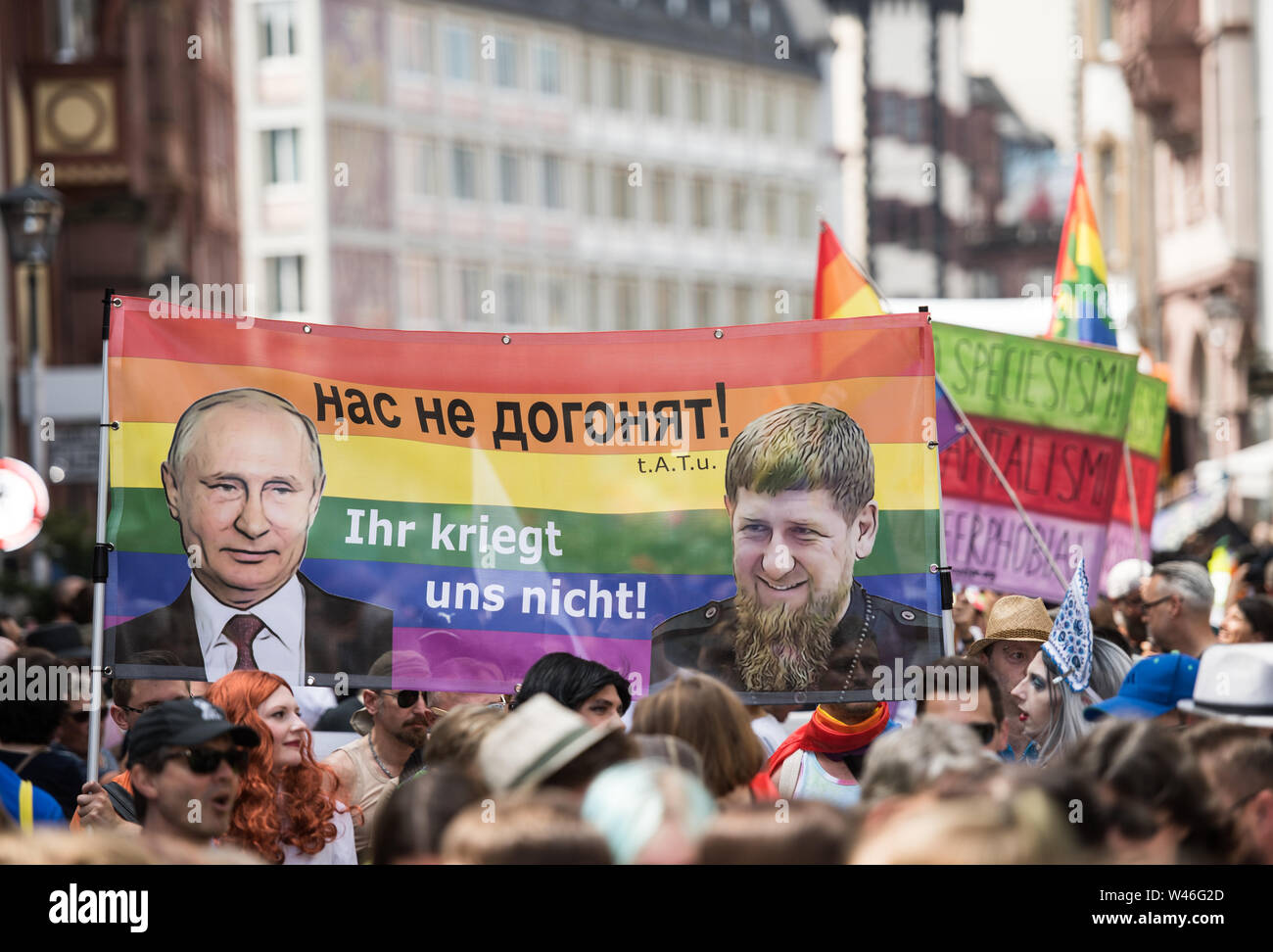 Frankfurt, Hessen, Germany. 20th July 2019. A banner alludes to a lack of tolerance in Russia. The motto of this year's Christopher Street Day (CSD) demonstration is '50 Years of Stonewall - We Are Movement'. The motto is intended to commemorate the origin of the movement 50 years ago in New York. Photo: Andreas Arnold/dpa Credit: dpa picture alliance/Alamy Live News Stock Photo