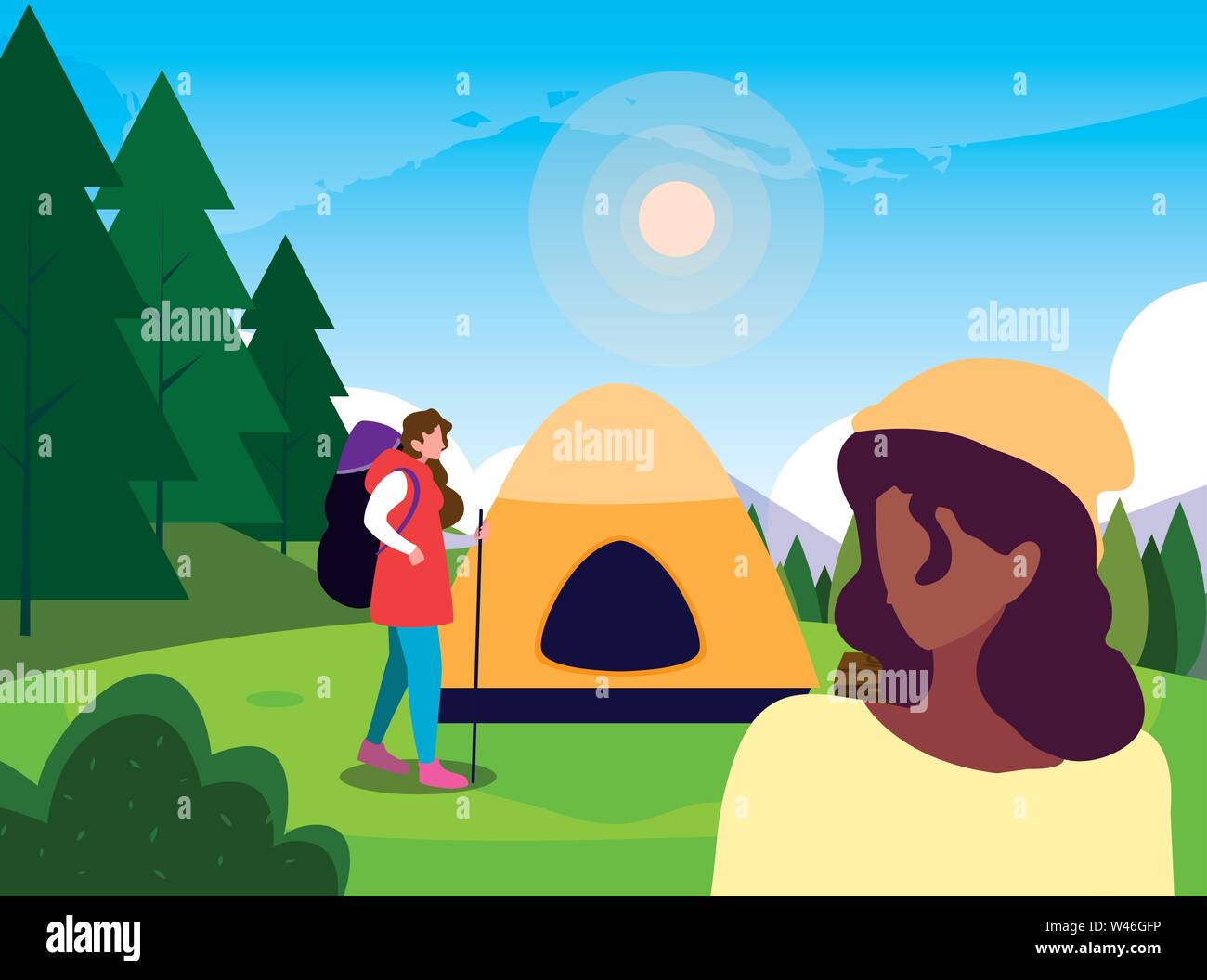 women hiking camp tent forest vector illustration Stock Vector Image ...