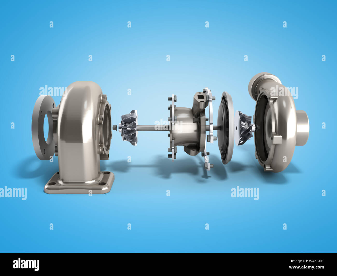 Automotive turbocharger turbine 3d render on blue Stock Photo Alamy