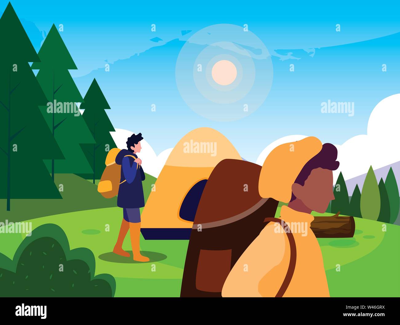 men camp tent forest trunk sunlight vector illustration Stock Vector ...