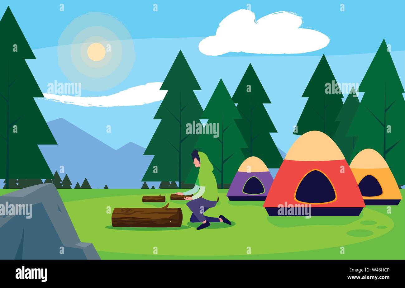 man camping tent forest tents trees field vector illustration Stock ...